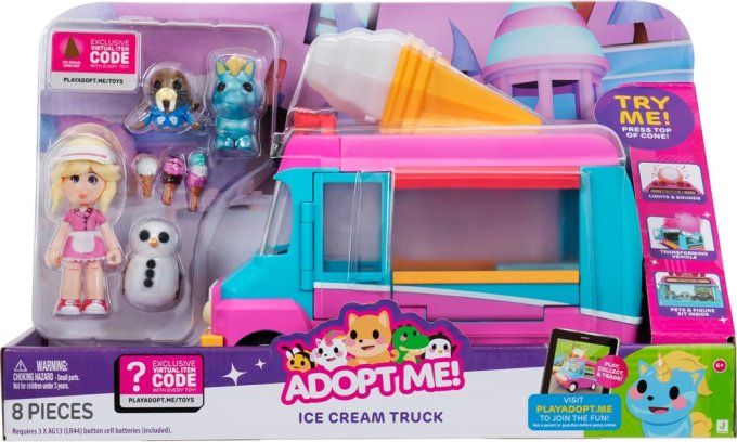 Coffret de jeu Adopt Me! contenant un camion de glaces rose et bleu, accompagné d'une figurine de pe