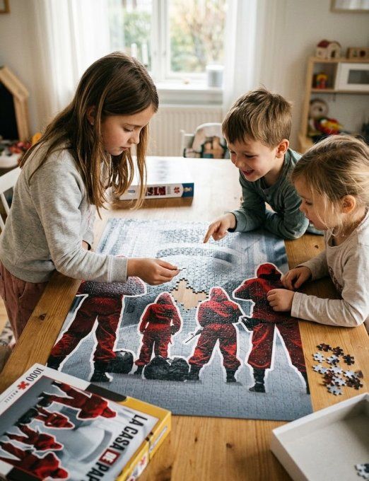 Boîte de puzzle Clementoni de 1000 pièces représentant quatre braqueurs de la série La Casa de Papel