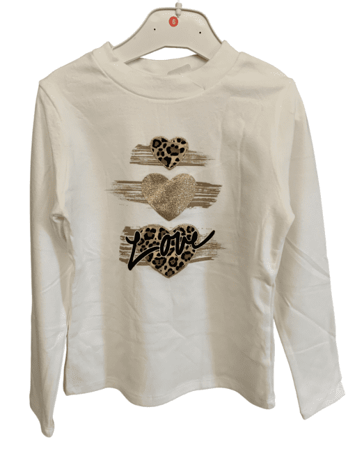 T-shirt blanc fille – Cœurs léopard & doré “Love”