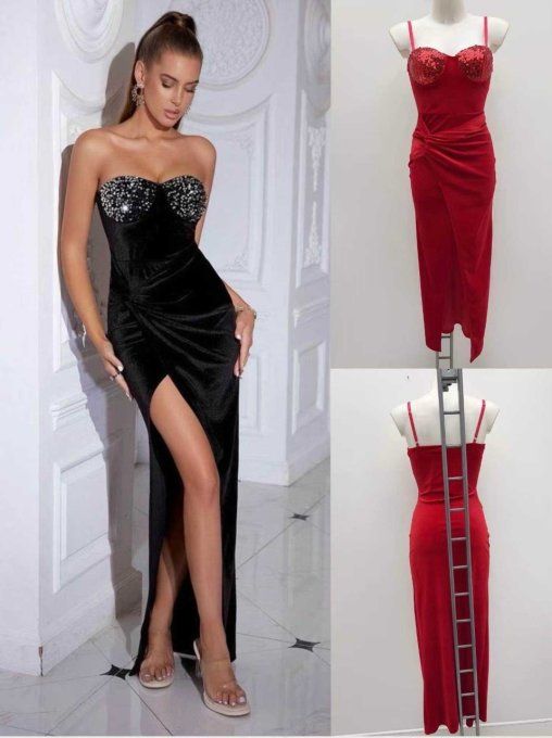 Robe longue glamour à strass – Fendue & effet sculptant