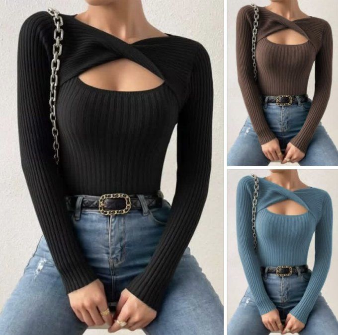 Haut côtelé croisé – Noir / Marron / Bleu