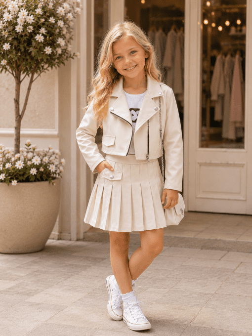 Ensemble Fille Rock Chic Rose Ou Écru 