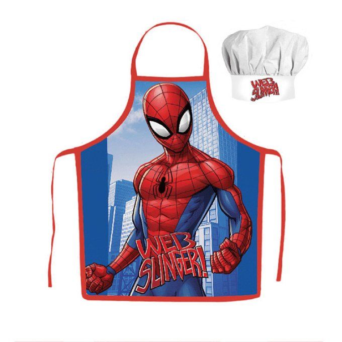 Kit de cuisine pour enfant comprenant un tablier rouge et bleu avec l'image de Spider-Man et l'inscr